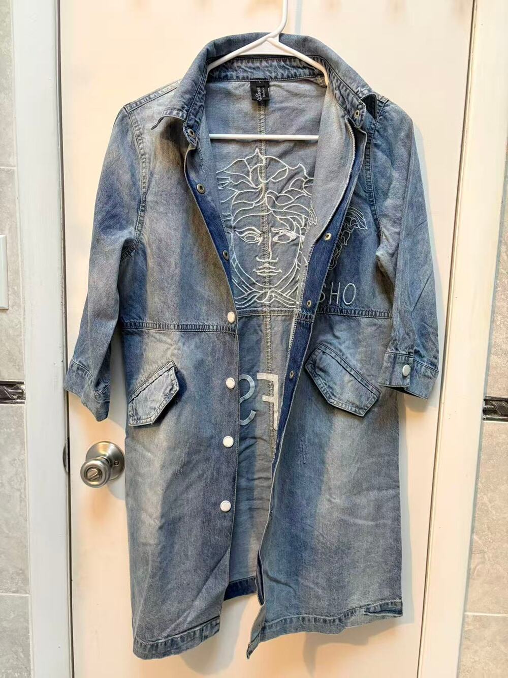 Medusa Embroidery Denim Trench Coat Womens Size S Long Jean Jacket Vintage
